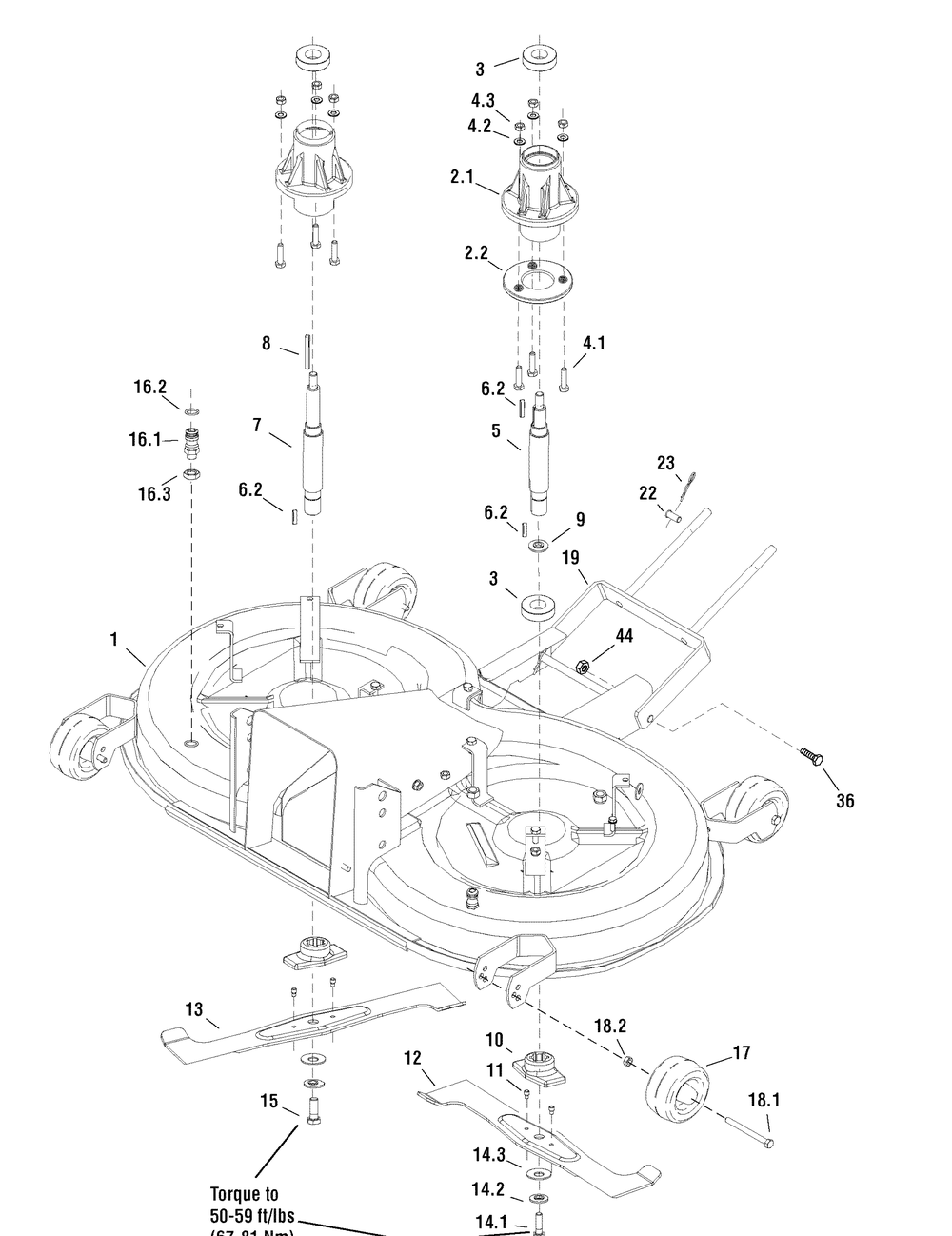 40" Mower Deck - Housing, Hitch, Arbors And Blade Group Diagram and Parts List for 2690882-YB1840RDFR 2010 Briggs and Stratton Lawn Tractor